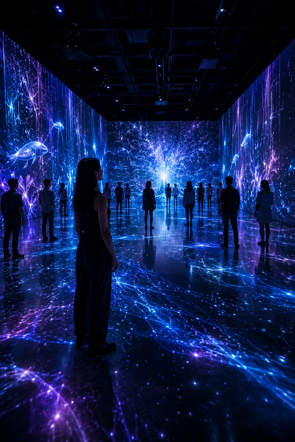 Visitors standing inside a dark, particle-lit immersive projection room